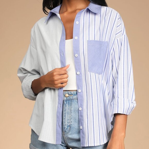 Lulus Nantucket Vibes White Striped Long Sleeve Button-Up‎ Top Women's XL Blue - Picture 1 of 10